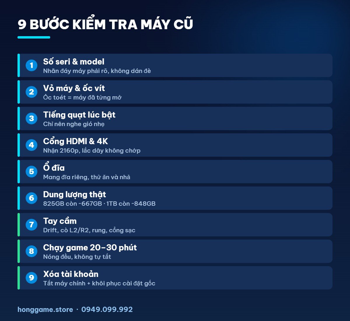 Bảng 9 bước kiểm tra máy PS5 PS4 cũ - Hóng Game Store