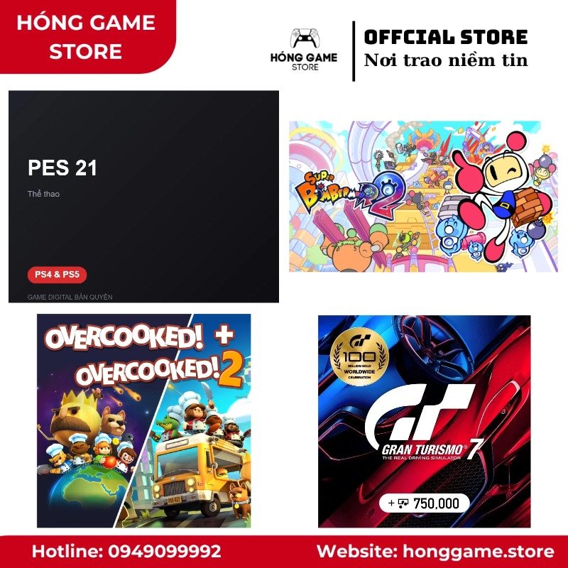 COMBO 4 GAME – PES 21, SUPER BOMBERMAN R, OVERCOOKED 2, GRAN TURISMO SPORT (PS4/PS5) [DIGITAL]