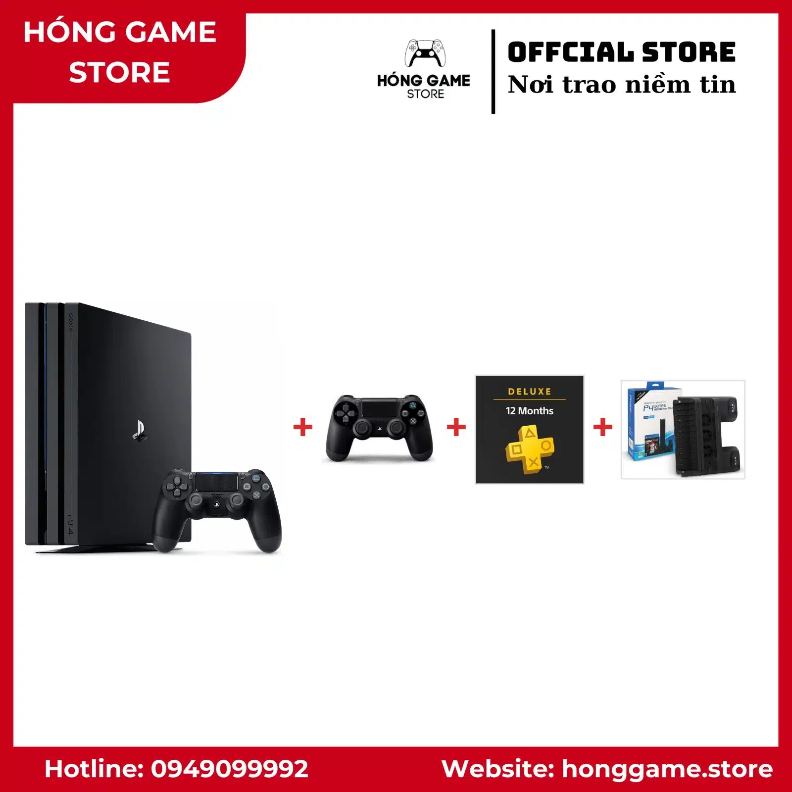 COMBO PS4 Pro 1TB – 2 tay cầm + PS Plus Deluxe 1 năm + Dock sạc - Hóng Game Store
