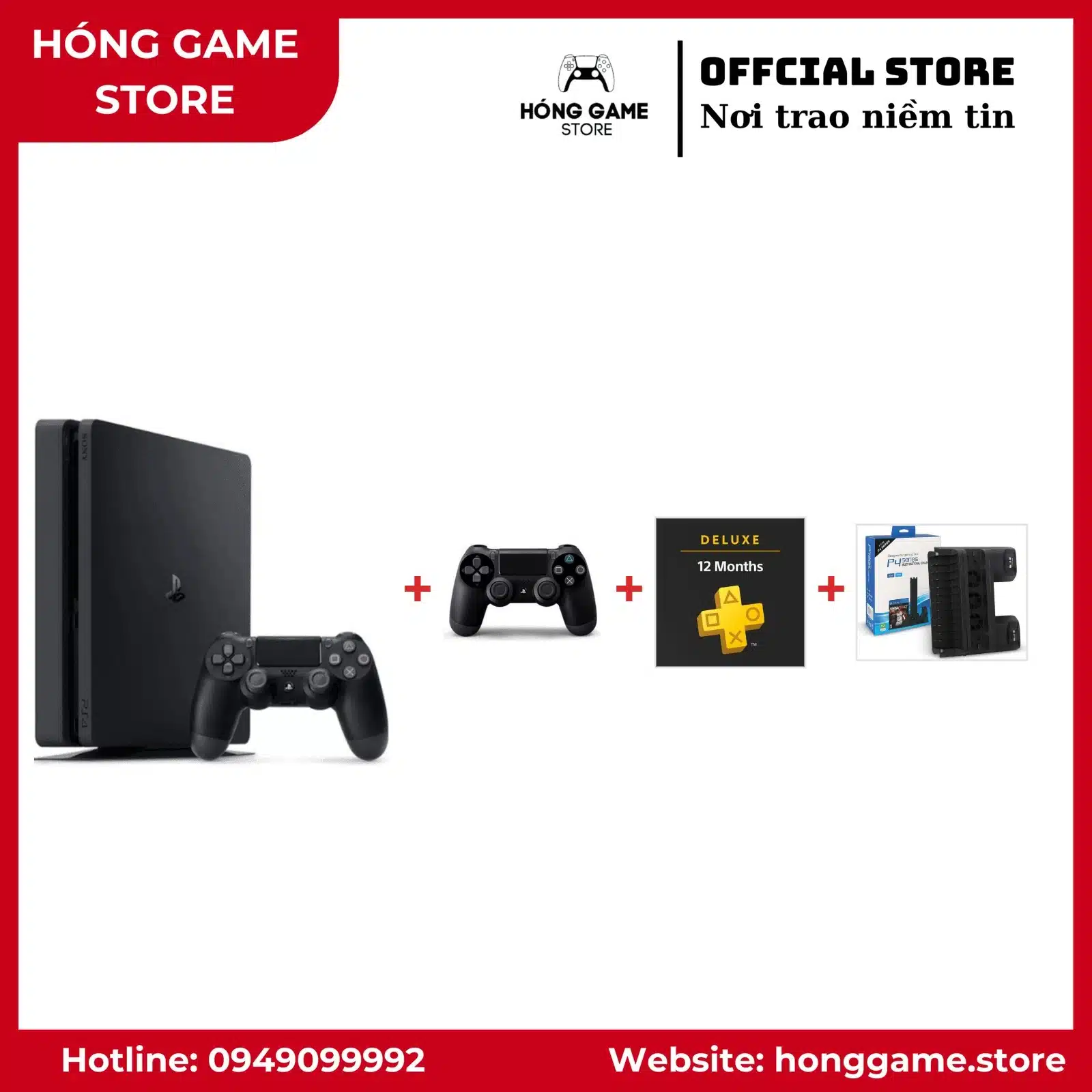 COMBO PS4 Slim 500GB – 2 tay cầm + PS Plus Deluxe 1 năm + Dock sạc - Hóng Game Store