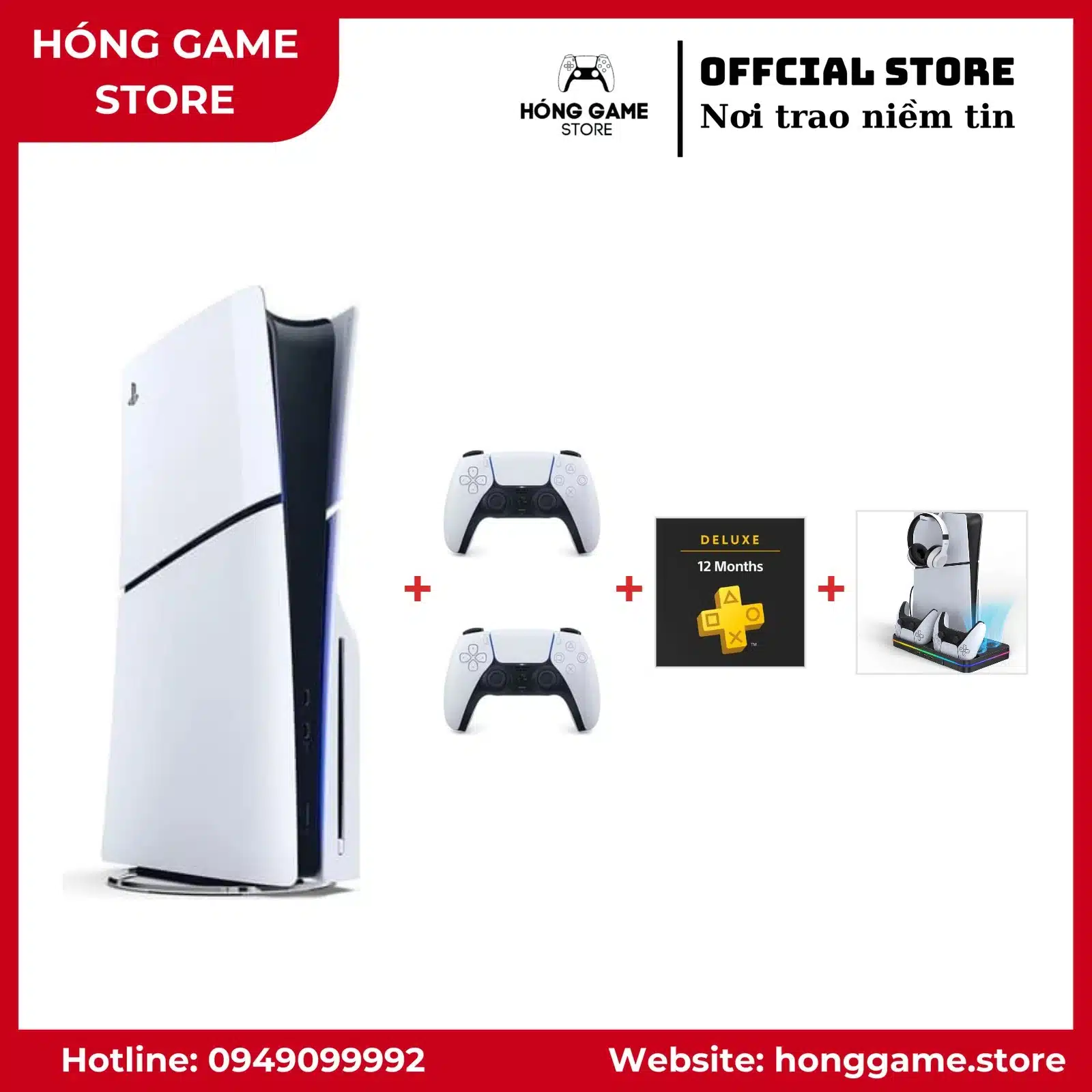 COMBO PS5 Slim Ổ đĩa 1TB – 2 tay cầm + PS Plus Deluxe 1 năm + Đế tản nhiệt - Hóng Game Store