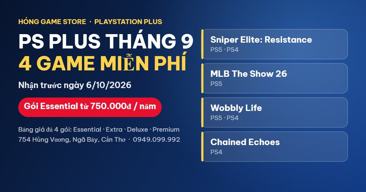 PS Plus tháng 9/2026: 4 game miễn phí Sniper Elite Resistance, MLB The Show 26, Wobbly Life, Chained Echoes