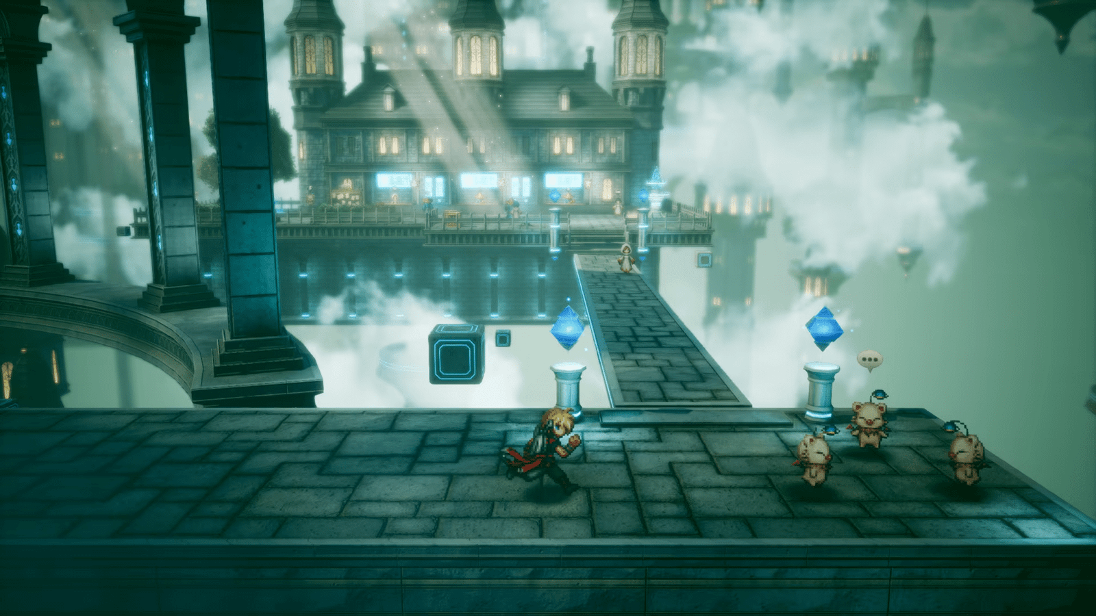 Thành phố nổi trong Final Fantasy Resonance, nhân vật pixel trên bối cảnh dựng 3D