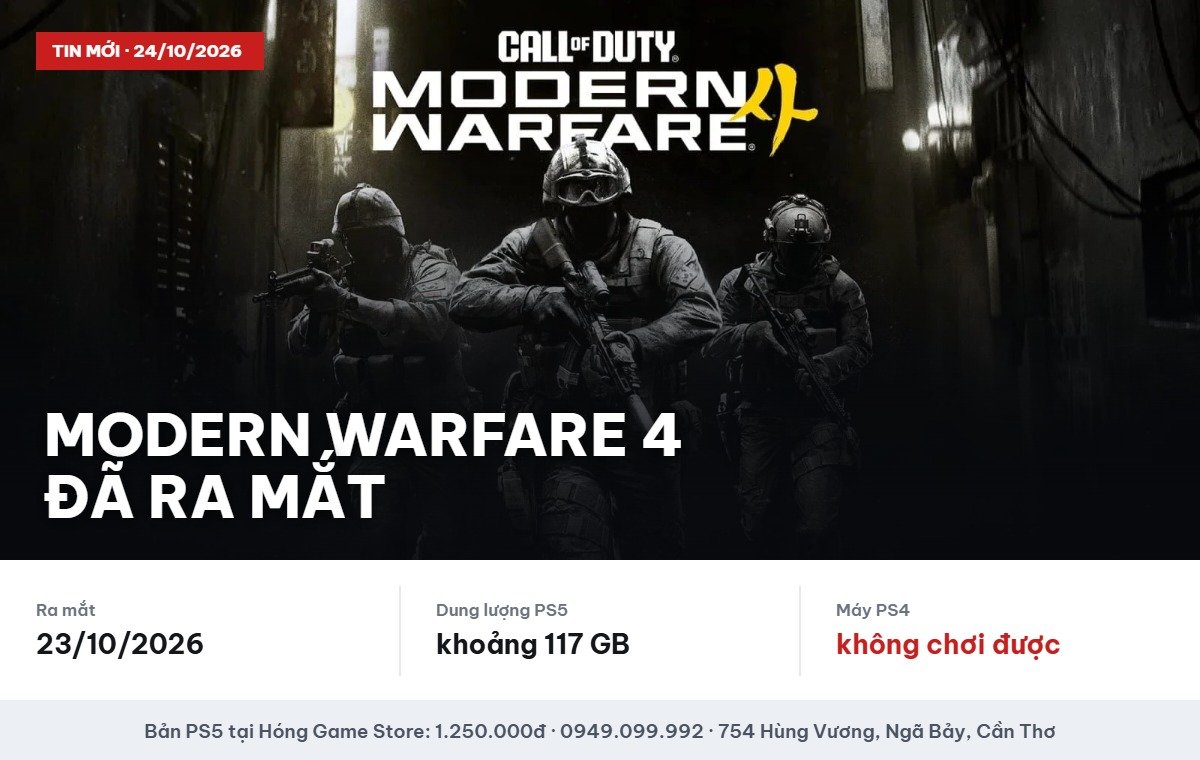 Call of Duty Modern Warfare 4 ra mắt 23/10/2026, bản PS5 1.250.000đ tại Hóng Game Store