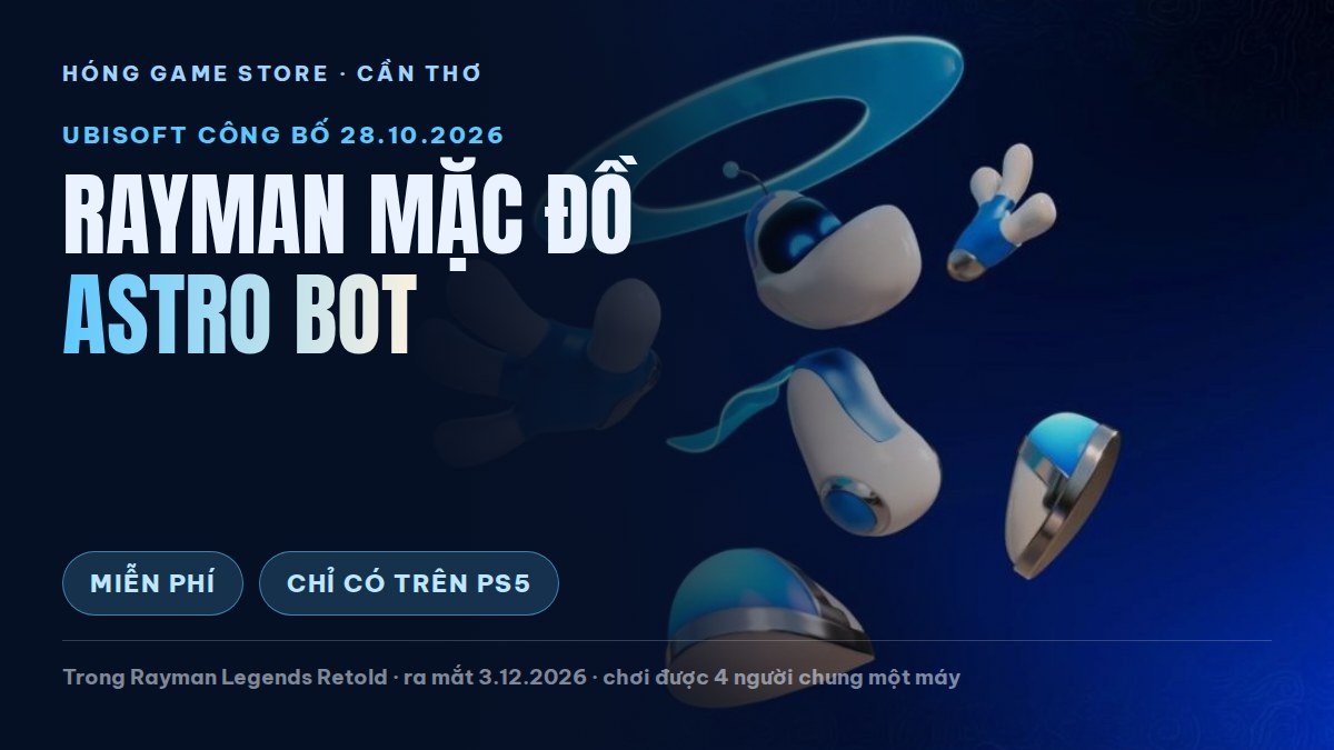 Ảnh bìa bài Rayman mặc trang phục Astro Bot, miễn phí, chỉ có trên PS5